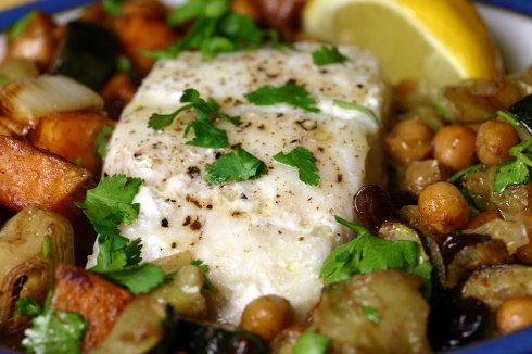 Steamed fish with roasted vegetables