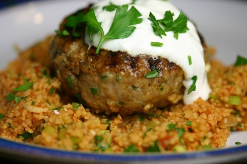 Lamb and feta burger with yogurt sauce