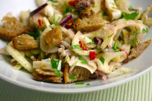 Seafood fennel salad with croutons