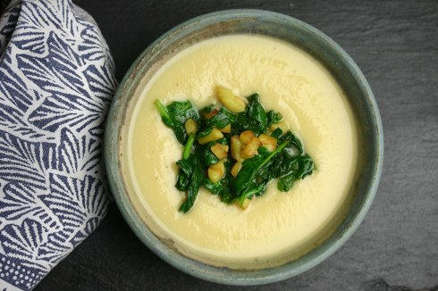 parsnip soup with sautéed greens