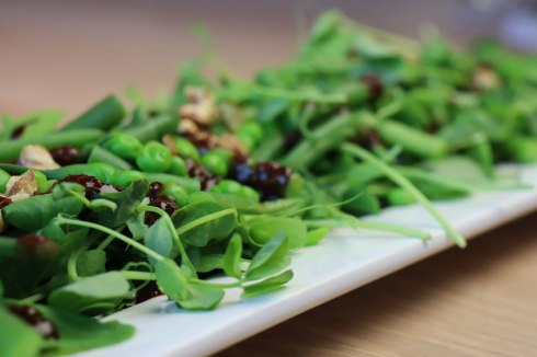 green bean, pea and peashoot salad with miso dressing